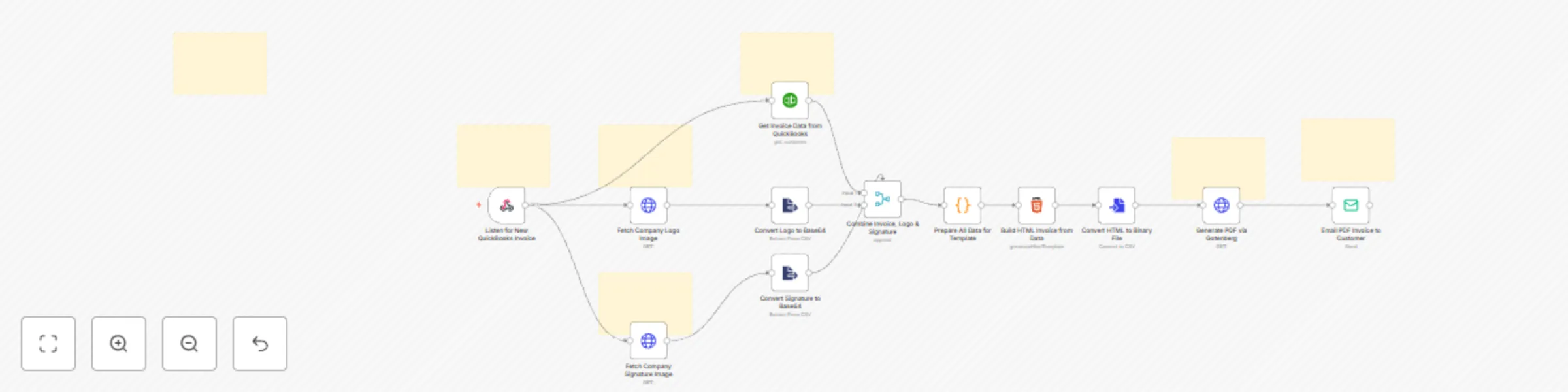 Workflow preview: Generate custom branded PDF invoices from QuickBooks and email to clients