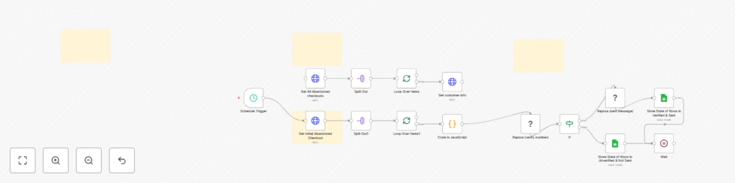 Workflow preview: Automated Shopify abandoned cart recovery with WhatsApp messages & Google Sheets