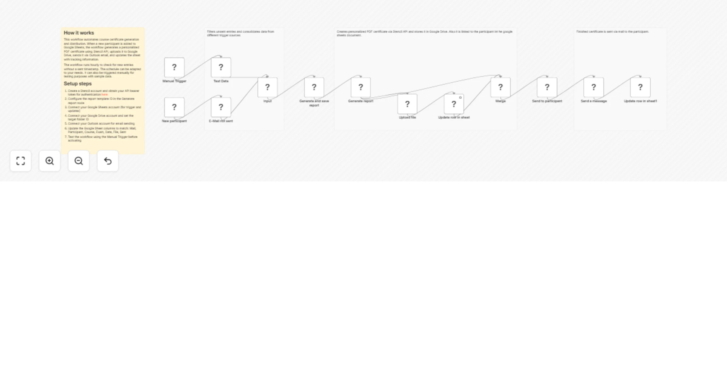 Workflow preview: Generate course certificates from Google Sheets with Stencil PDF and Outlook