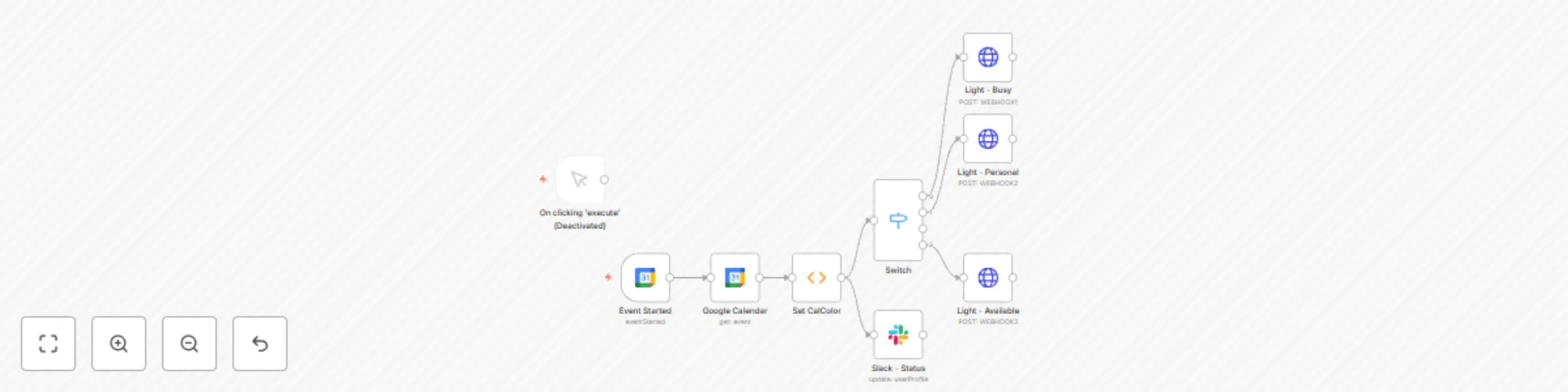 Workflow preview: Google Calendar to Slack Status and Philips Hue