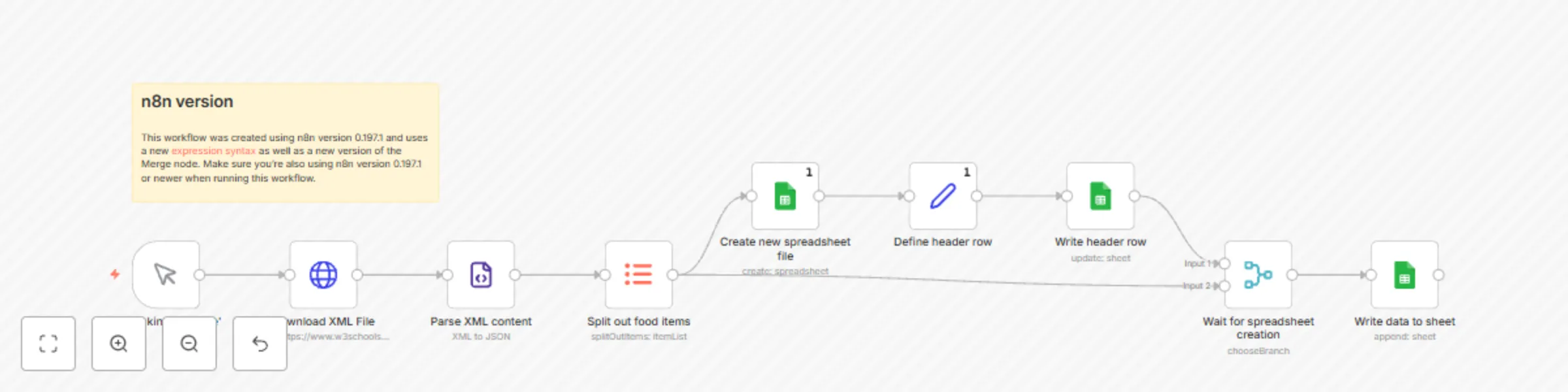 Workflow preview: Read XML file and store content in Google Sheets
