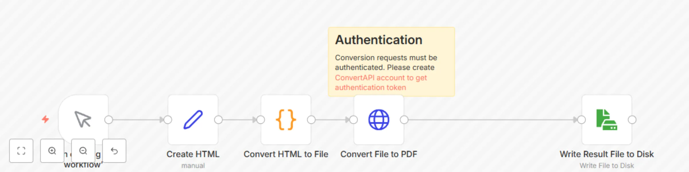 Workflow preview: Convert HTML to PDF using ConvertAPI