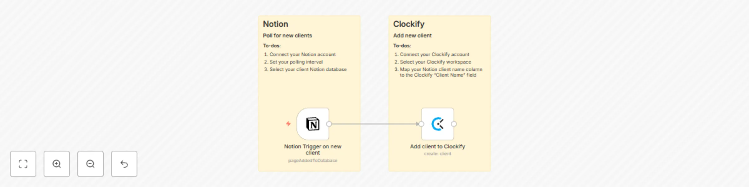 Workflow preview: Add new clients from Notion to Clockify