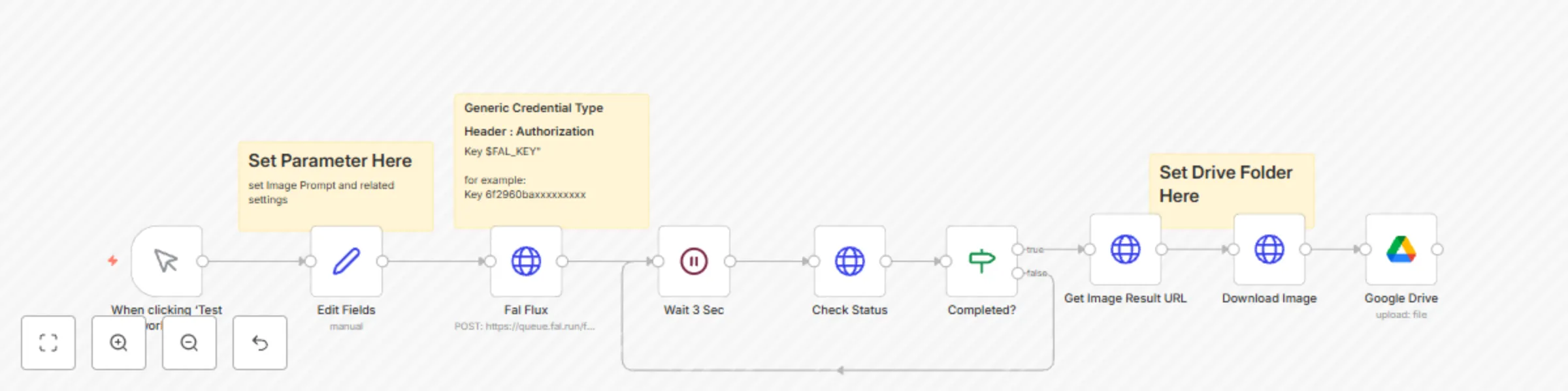 Workflow preview: Flux dev image generation (Fal.ai) to Google Drive