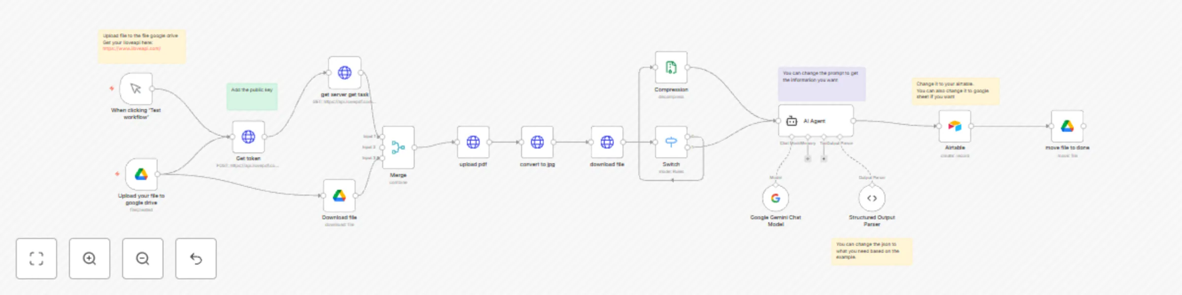 Workflow preview: Extract and log data to Airtable with Google Gemini, ILovePDF, and Google Drive