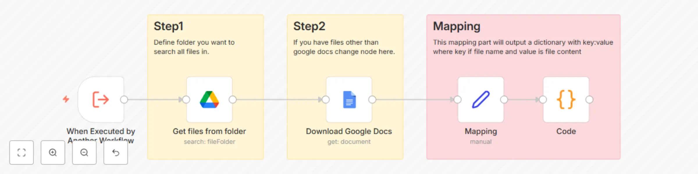 Workflow preview: Load and aggregate files from a Google Drive folder into a key-value dictionary