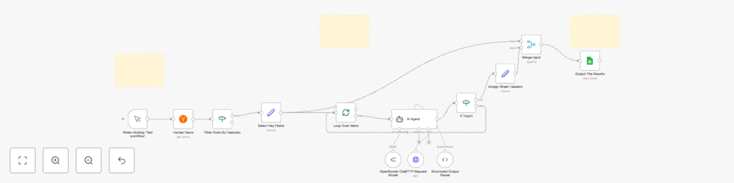 Workflow preview: Discover business ideas from HackerNews posts with GPT-4.1 analysis and Google Sheets