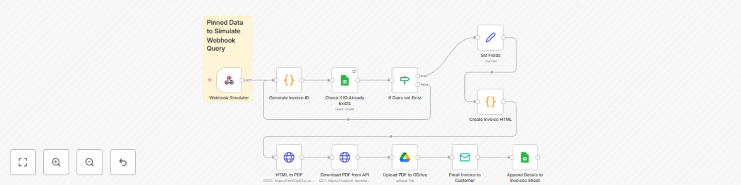 Workflow preview: Generate invoices, save to Drive and send email to customer with JS + G Sheets