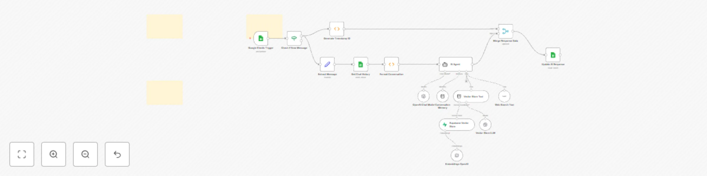 Workflow preview: AI-powered knowledge assistant using Google Sheets, OpenAI, and Supabase Vector Search