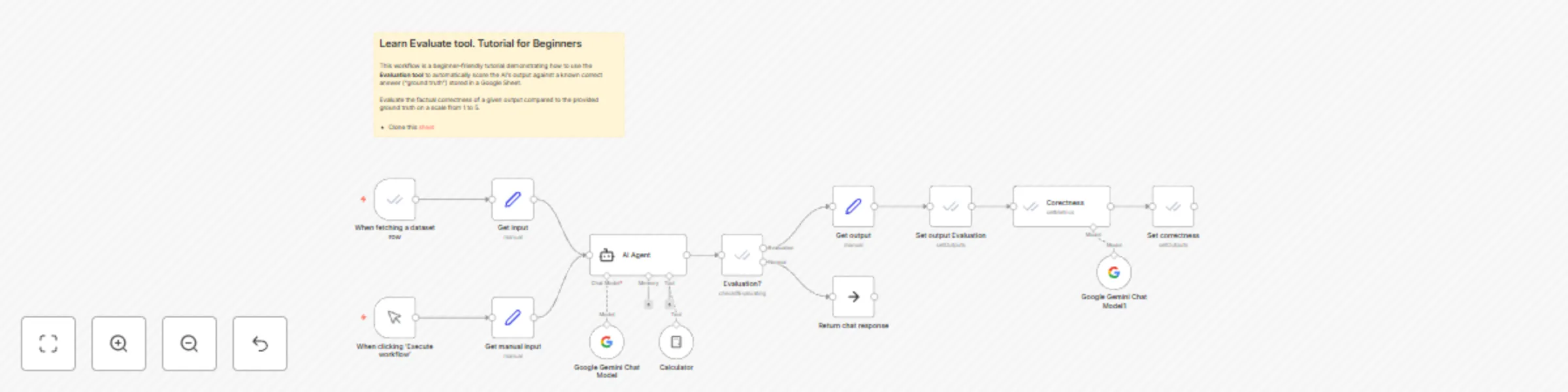 Workflow preview: 🎓 Learn evaluate tool. Tutorial for beginners with Gemini and Google Sheets
