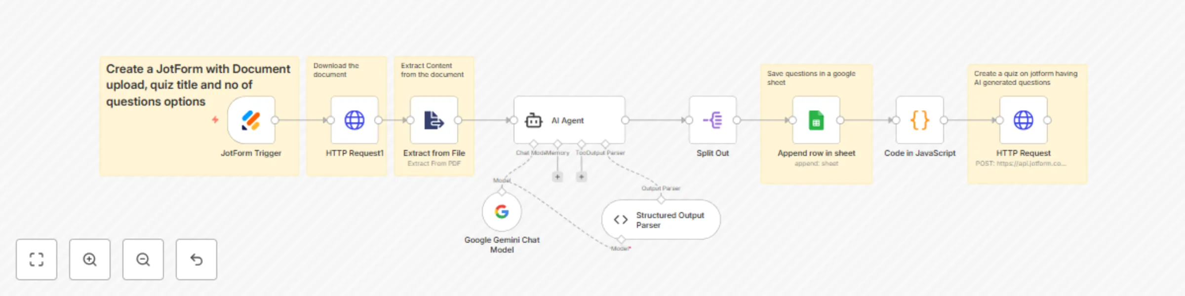 Workflow preview: Automate quiz creation from documents with Google Gemini and Jotform